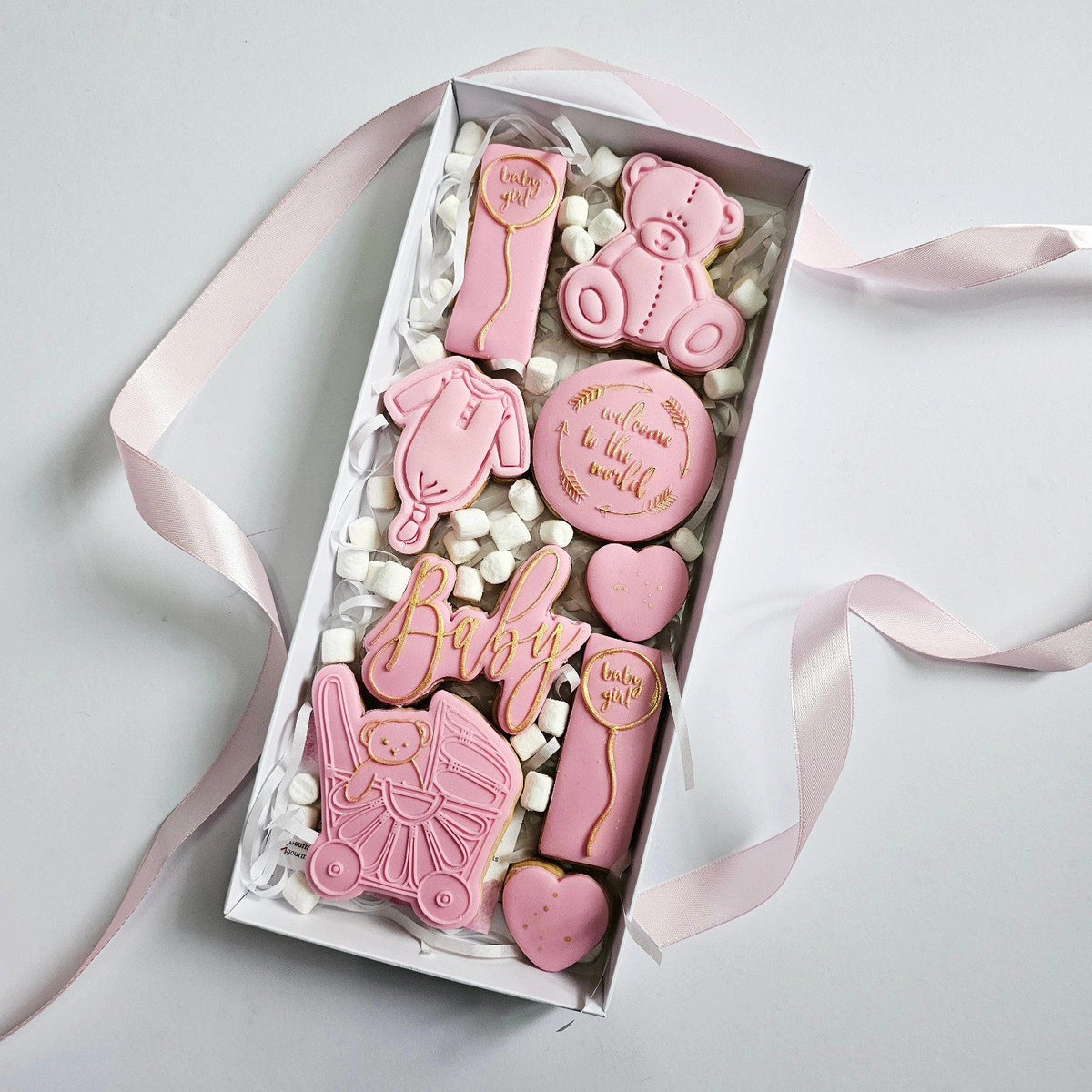 Pink and gold new baby girl box