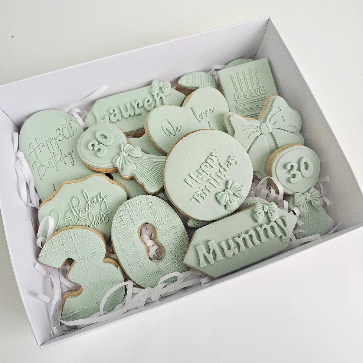 Sage 30th birthday box with bows