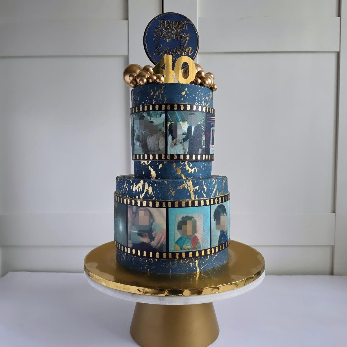 Navy and gold two-tier photo cake