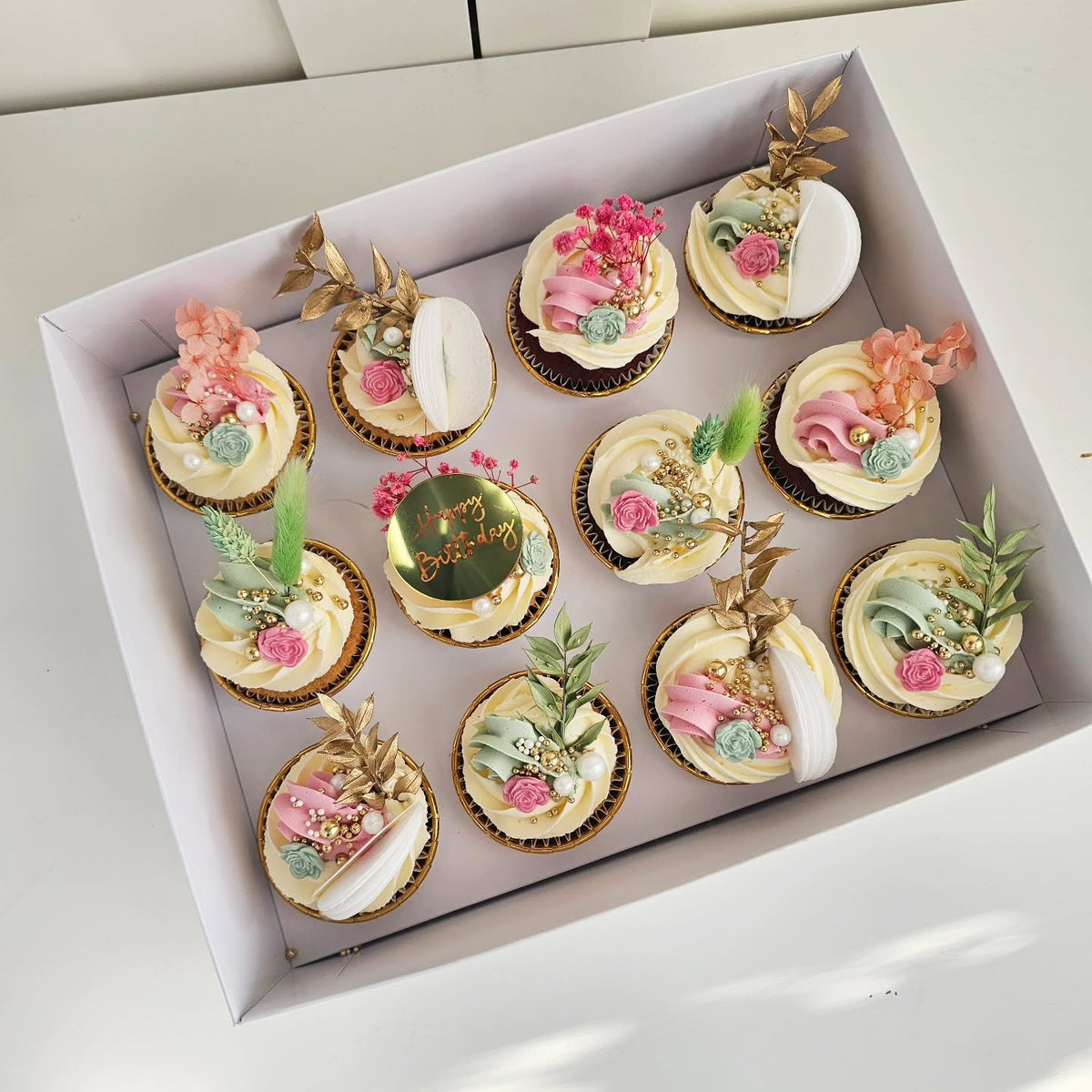 Pink and sage floral cupcakes