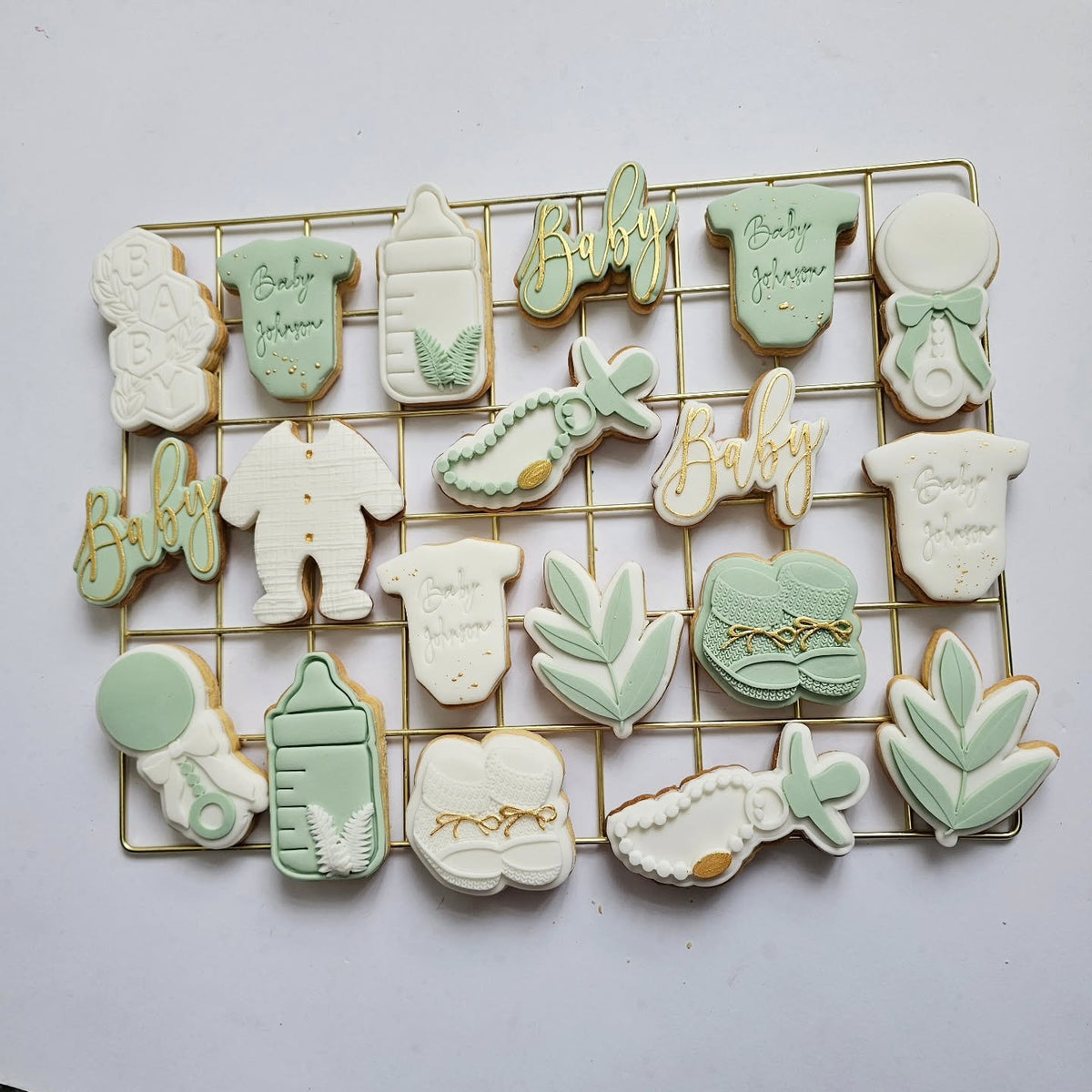 Sage and gold baby shower favours