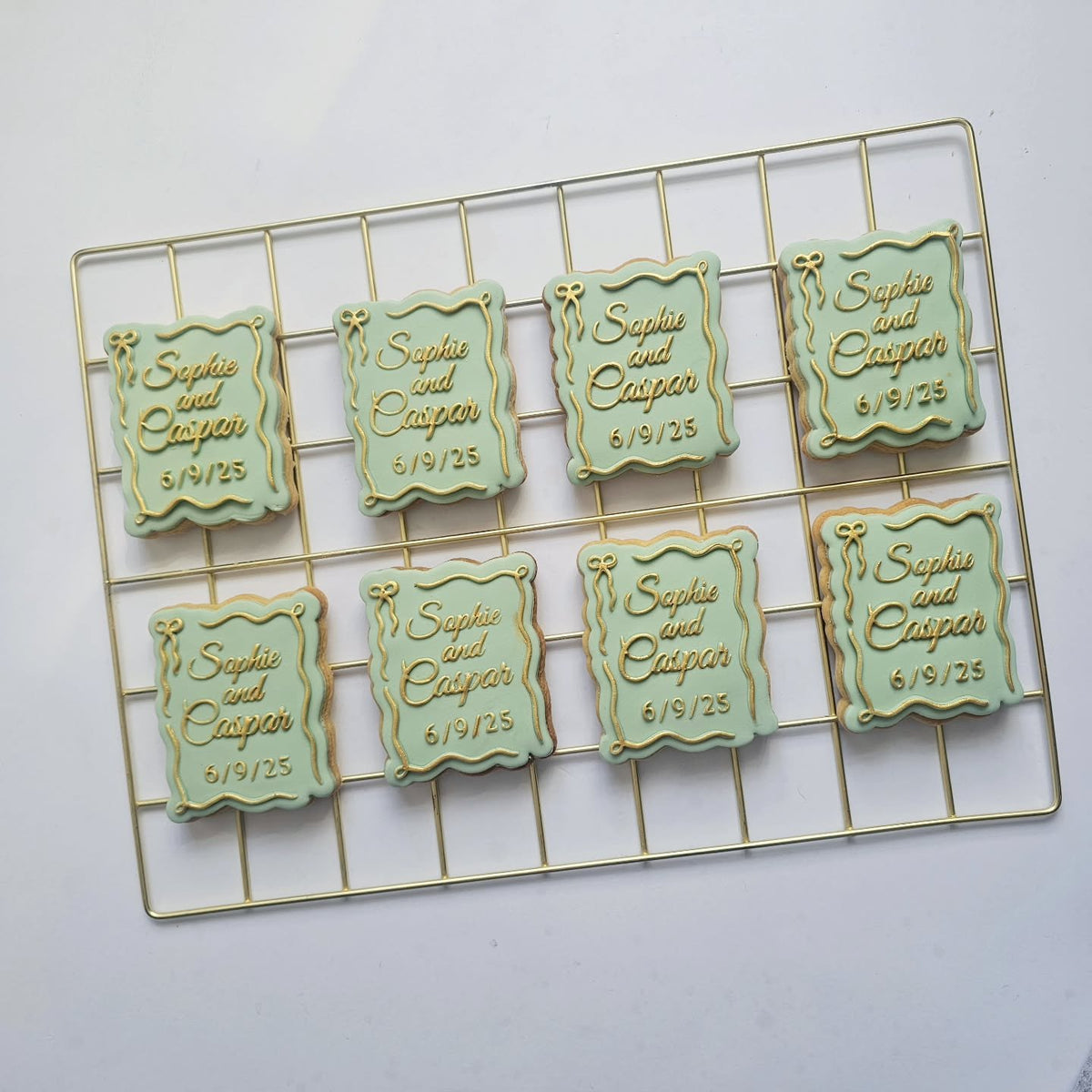 Sage and gold wedding favours